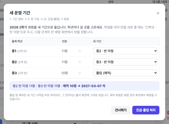 새 운영 기간 마법사 진급·졸업 단계